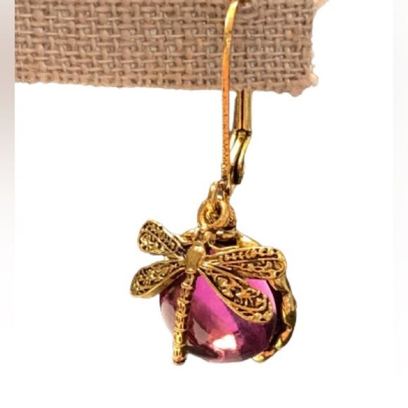 Purple Dragonfly Earrings Vintage Victorian Style Glass & Gold Metal Insect NEW - Picture 5 of 9